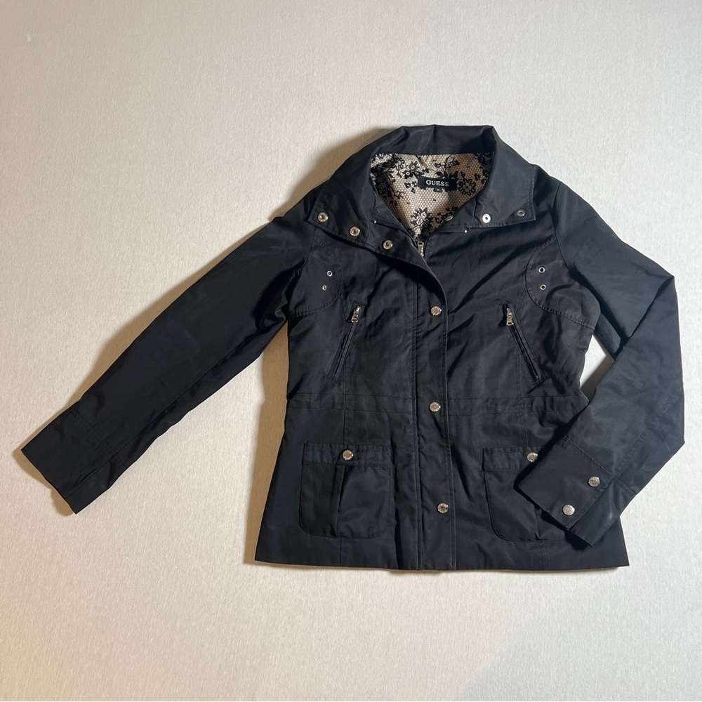 Guess Women’s Black Rain Repellant Utility Jacket, Zip + Button Closure, Medium